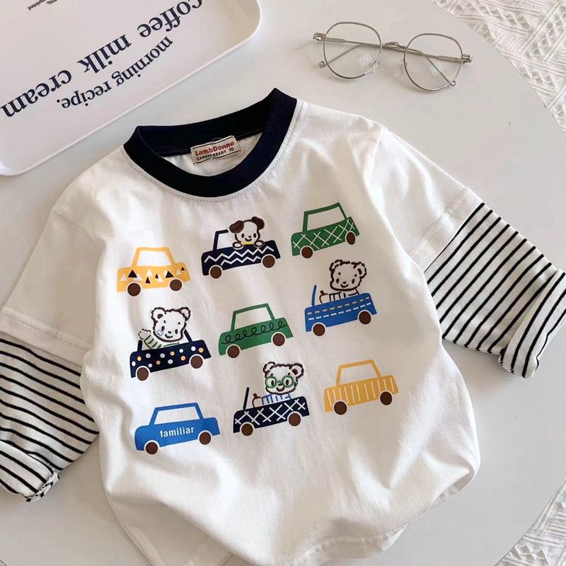 Áo Thun Tay Dài Giả Hai Lớp Bằng Vải cotton Thời Trang Nhật Hàn In Hình Xe Hơi Hoạt Hình Dành Cho Bé Trai