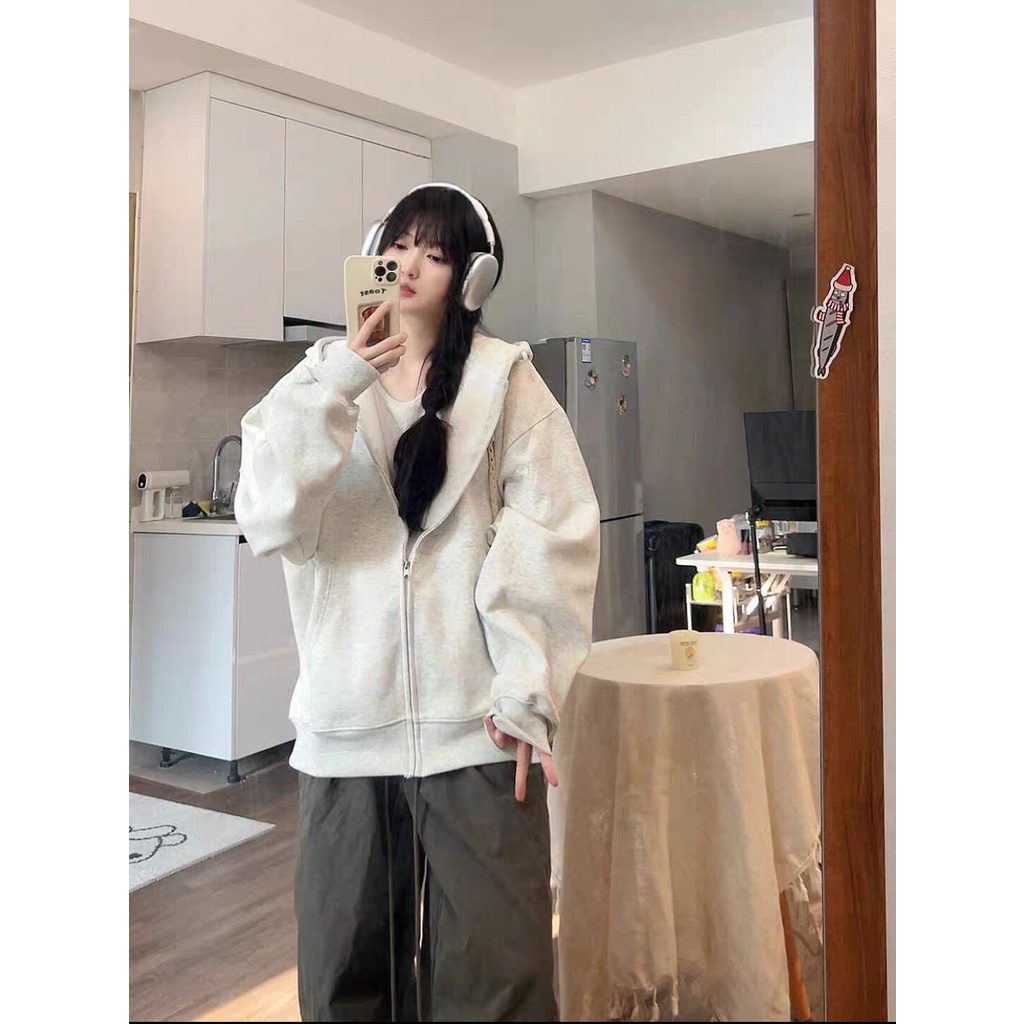 Áo Hoodie Tay Dài oversize Có Khóa Kéo Phong Cách Hàn Quốc Cho Nữ