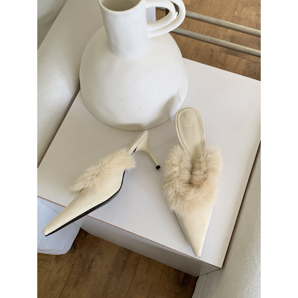 Dép Cao Gót Mũi Nhọn Phối Lông Thời Trang Thu Đông 2023 Cho Nữ