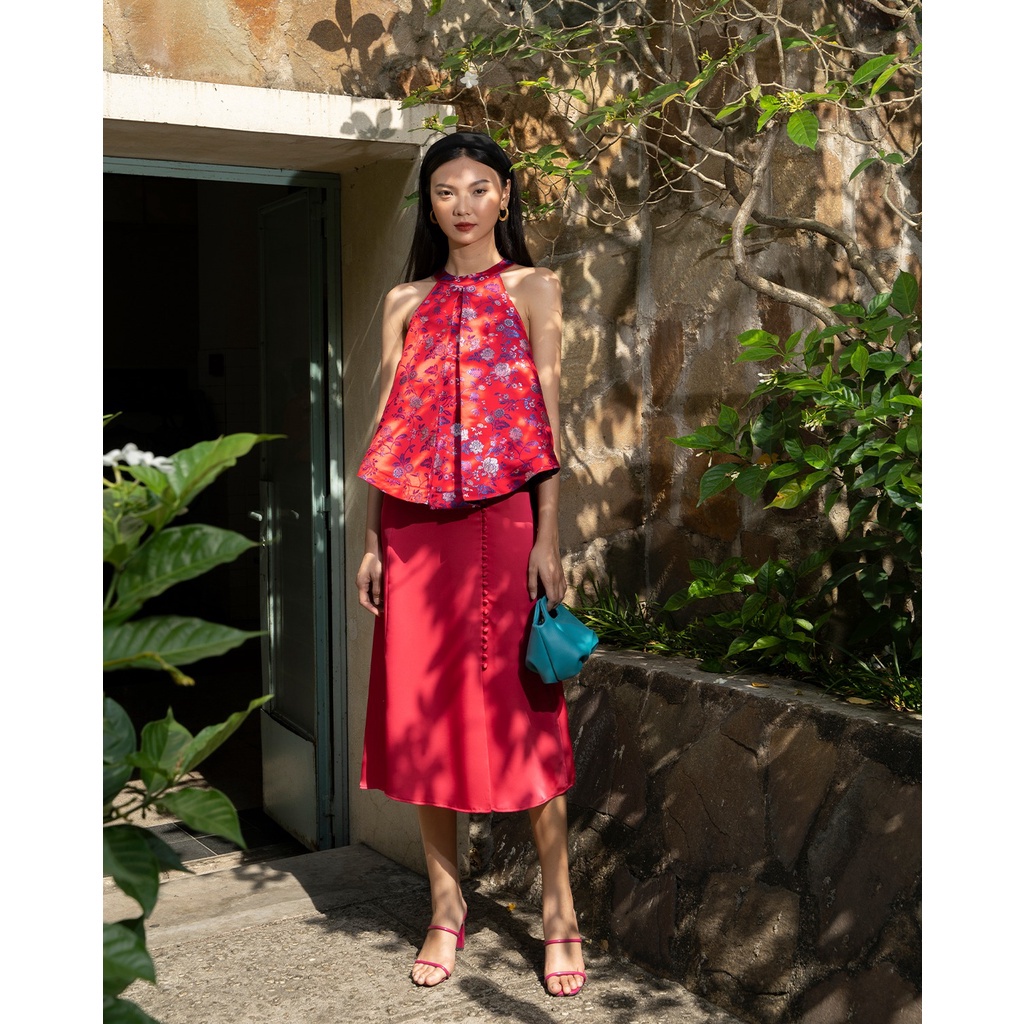 TheBlueTshirt - Chân Váy Đỏ Hồng Đính Nút - Magenta Button Midi Skirt