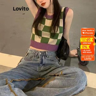 Áo croptop Lovito dệt kim kẻ sọc caro cổ tròn thời trang thường ngày L10946 (màu xanh lá)