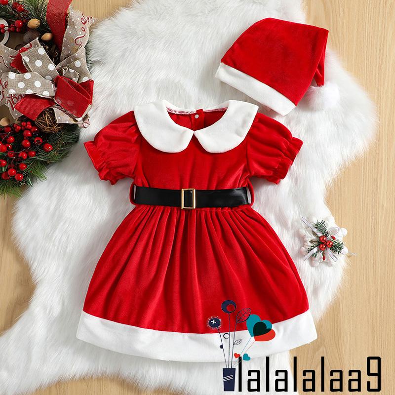 La-hộ Đầm Chữ a Tay Ngắn Cổ Búp Bê Màu Đỏ Kèm Thắt Lưng Và Mũ Giáng Sinh Cho Bé Gái