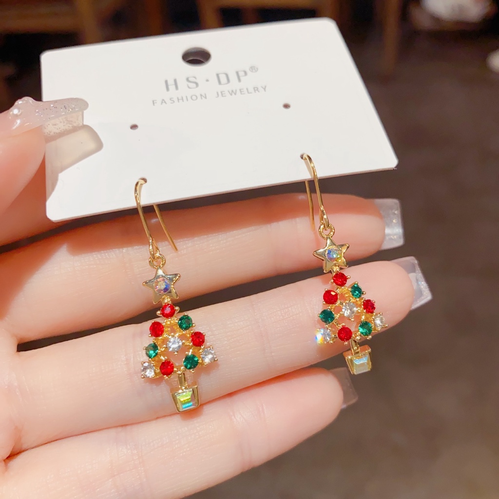 Bông Tai Hình Cây Thông Giáng Sinh Đính Đá zircon Cao Cấp Sang Trọng Phong Cách Hàn Quốc
