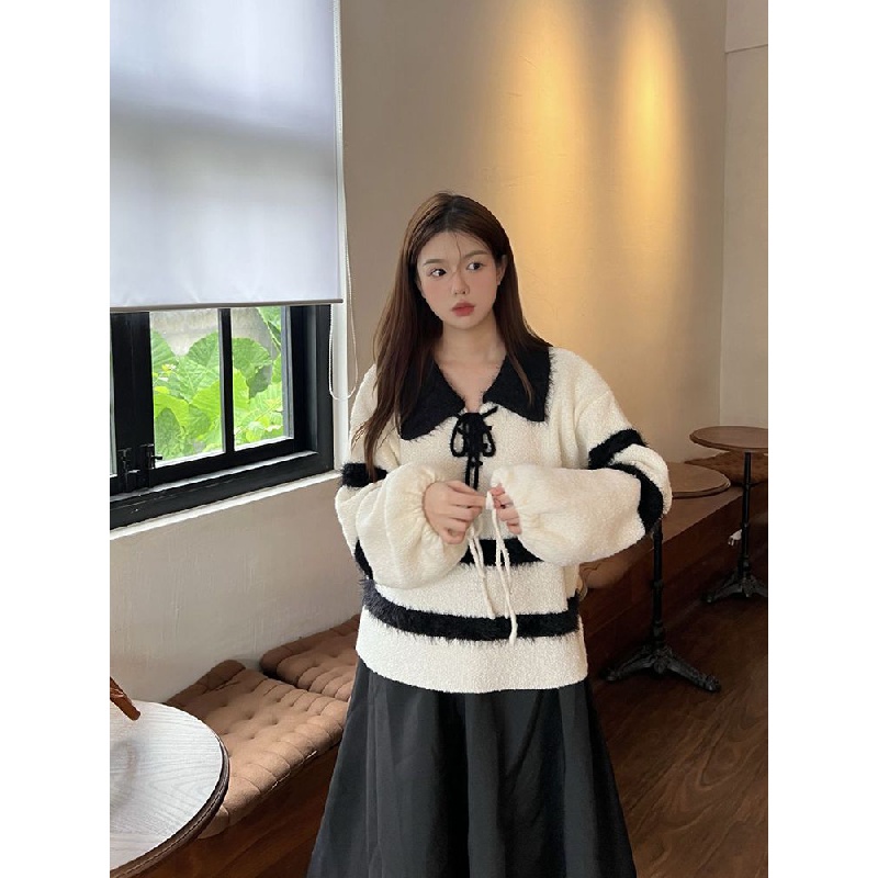 Áo sweater Dệt Kim Tay Dài Dáng Rộng Màu Tương Phản Phong Cách xiaoxiang Mùa Thu Mới Cho Nữ