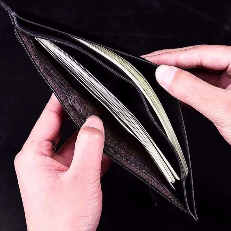 Imelon Ví Da pu Ngắn Siêu Mỏng Đa Chức Năng Có Khóa Kéo Màu Tối Cho Nam