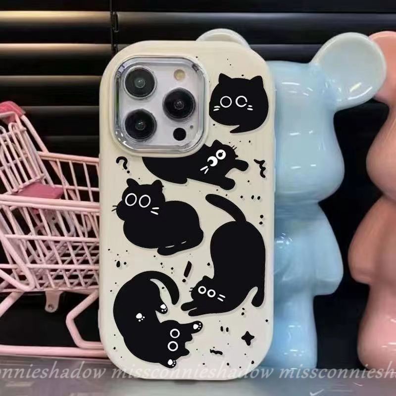 Hoạt Hình Ốp Điện Thoại Hình Mèo Đen Dễ Thương Viền Kim Loại Cho iphone 11 15 12 14 13 pro max 7plus 7 8 plus x xr xs max