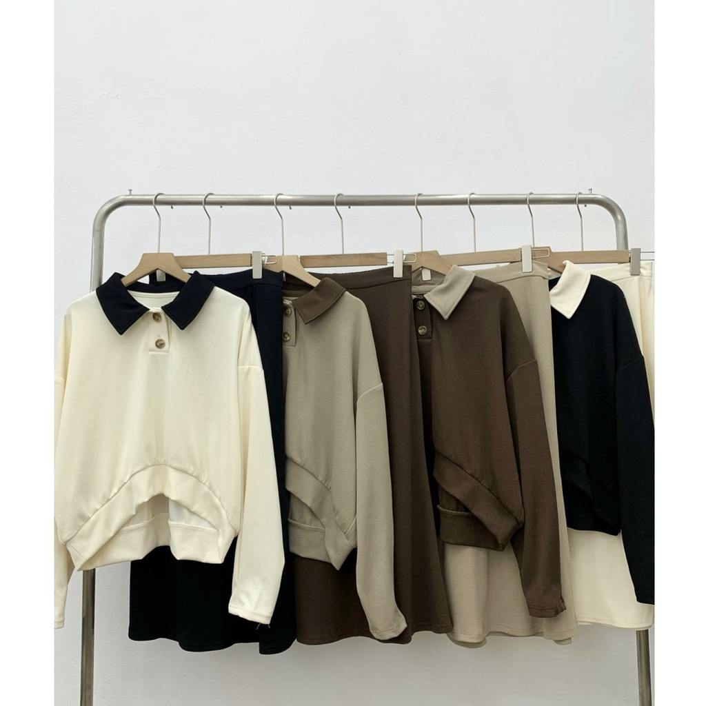 Set áo cổ polo phối màu viền lượn kèm chân váy dài xoè nhẹ S622 SUSSTORE