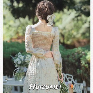 Huizumei Đầm Dài Cổ Vuông Họa Tiết Hoa Phong Cách Pháp