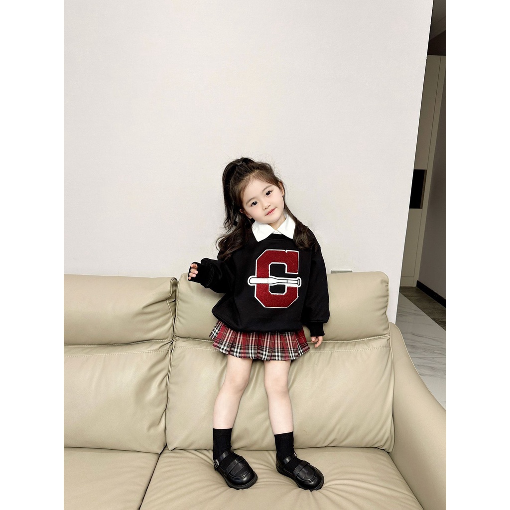 SET 3 CHI TIẾT ÁO NỈ CHỮ C, ÁO SƠ MI MIX  CHÂN VÁY KẺ THỜI TRANG SIÊU XINH CHO BÉ GÁI- HÀNG QCCC