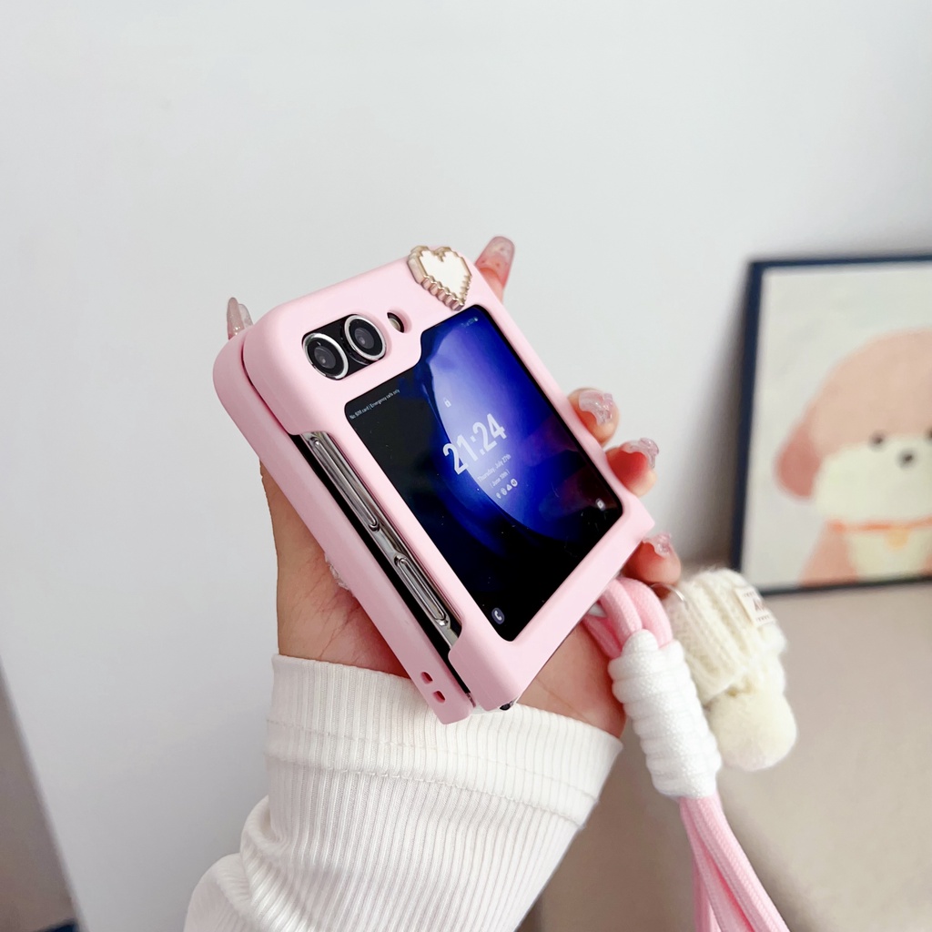 Bao Da Điện Thoại Nắp Gập Chống Va Đập Kèm Dây Đeo Tay Thêu Hình Chú Cún Dễ Thương Dành Cho samsung galaxy z Flip 3 Flip 4 Flip 5 Ốp