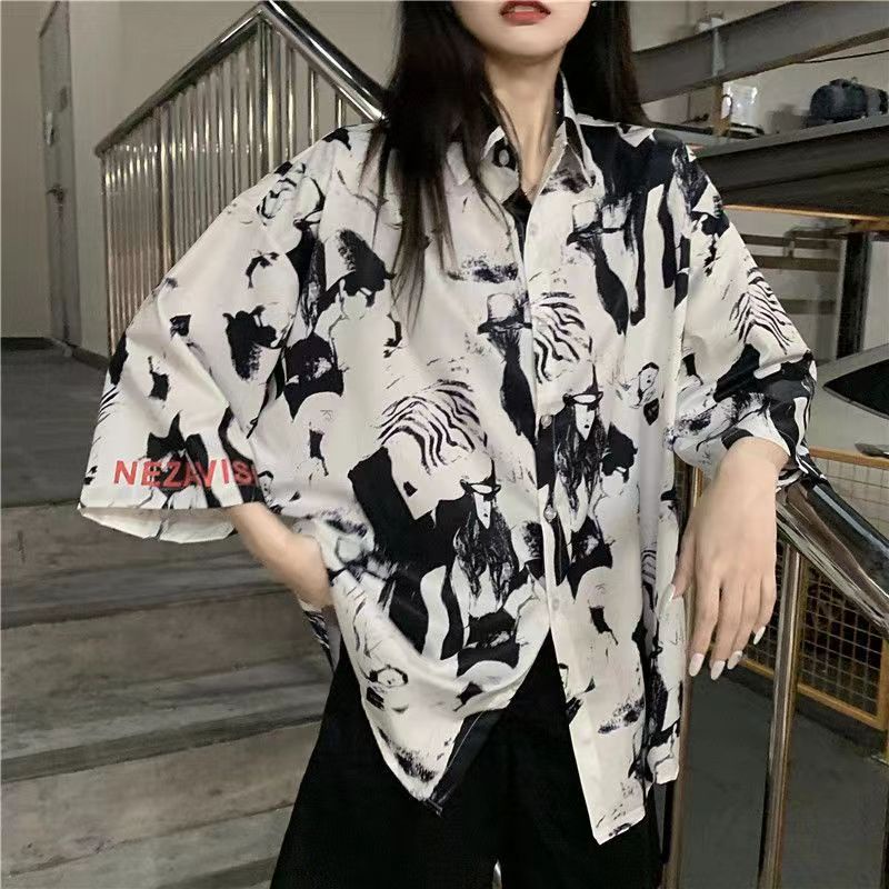 Áo Sơ Mi chiffon Tay Lỡ Cổ Bẻ Dáng Rộng In Họa Tiết Thổ Cẩm Đơn Giản Thời Trang Mùa Hè Hàn Quốc Cho Nữ