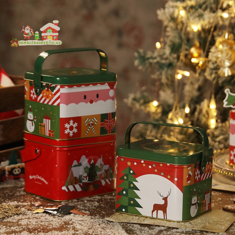 Newandrain Hộp Kim Loại Đựng Bánh Kẹo Hình Vuông Phong Cách Giáng Sinh