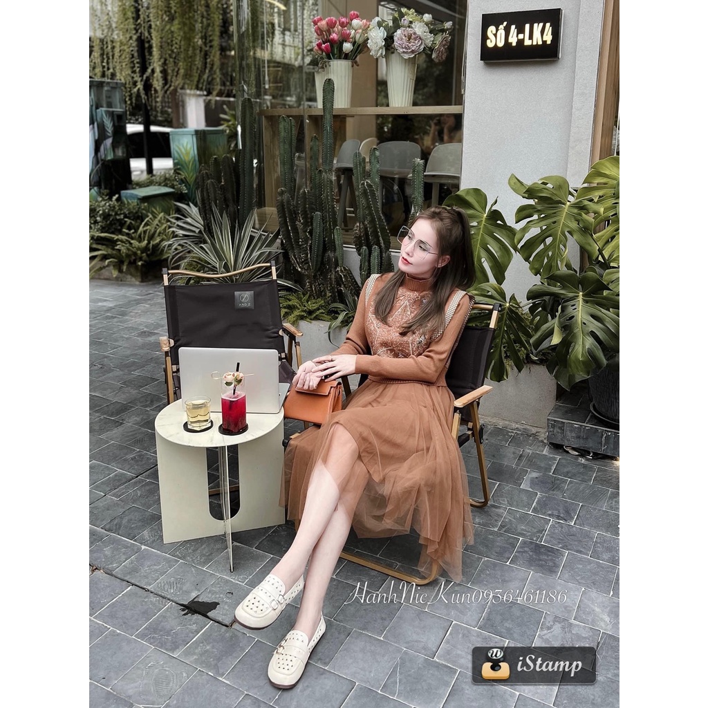 Set váy len chân voan mix áo gile len thêu ngôi sao hàng QC freesize