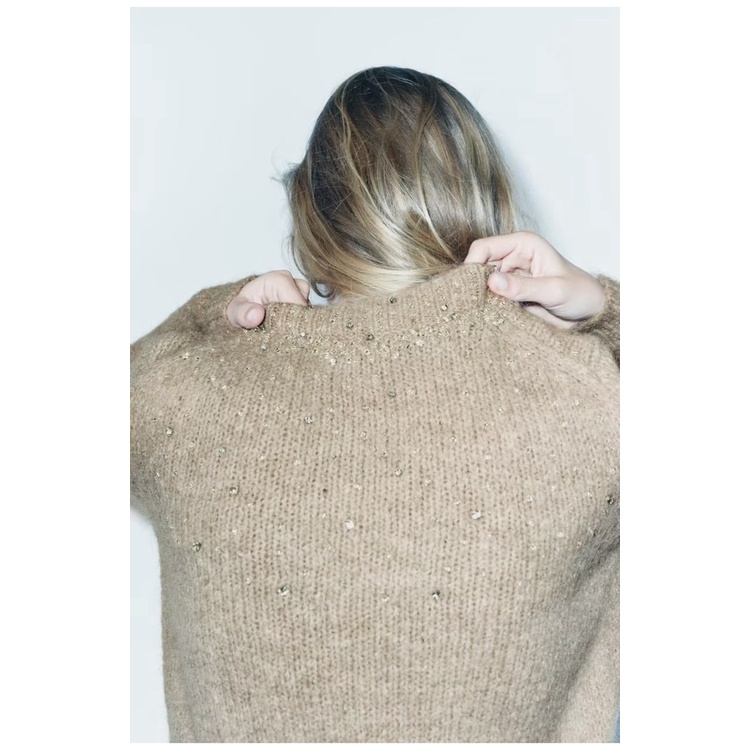 Zara Áo sweater Dệt Kim Tay Dài Đính Đá Thời Trang Thu Đông Cá Tính 9598298