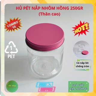 10 hủ nắp nhôm màu hồng 250gr - có nắp lót chống tràn - thân hủ trong suốt