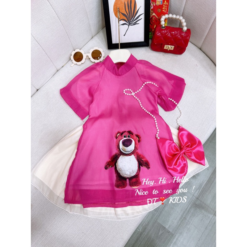 Áo dài cách tân bé gái, áo dài Tết gấu dâu kèm dây ngọc nơ cho bé gái