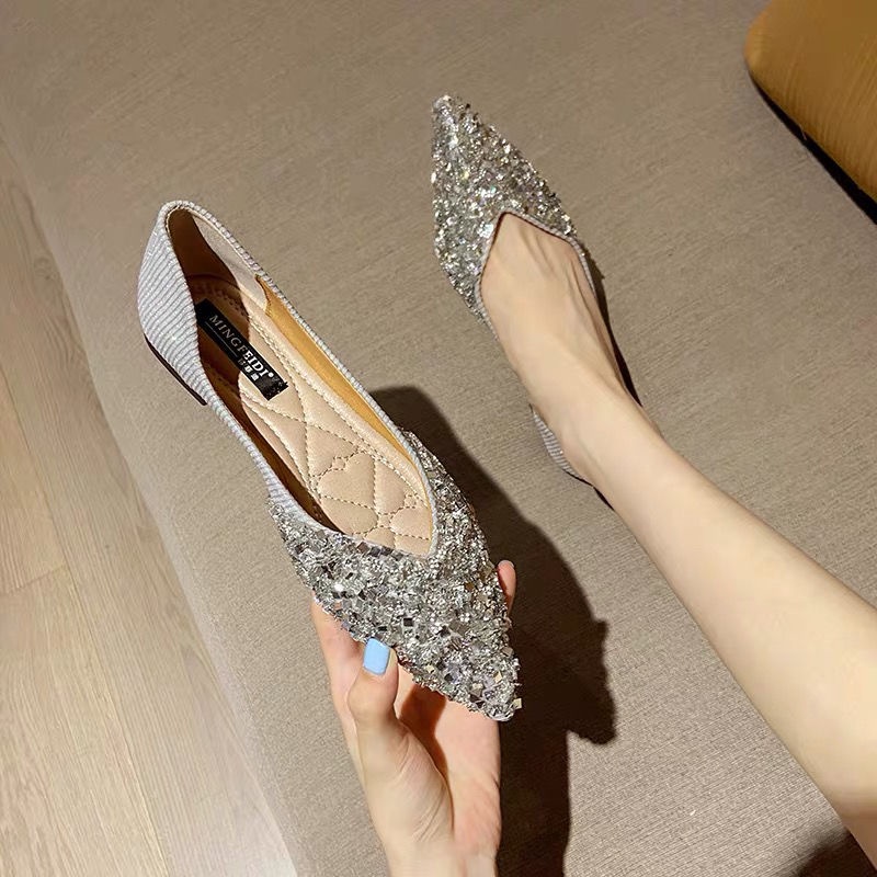 Giày Búp Bê Mũi Nhọn Đế Mềm Đính Đá Thời Trang Mùa Thu Hàn Quốc Cho Nữ
