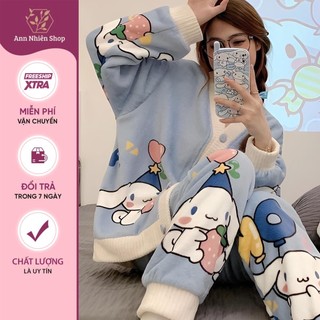 Bộ đồ ngủ lông cừu thỏ xanh ann nhiên tuyết nhung mùa đông ấm áp