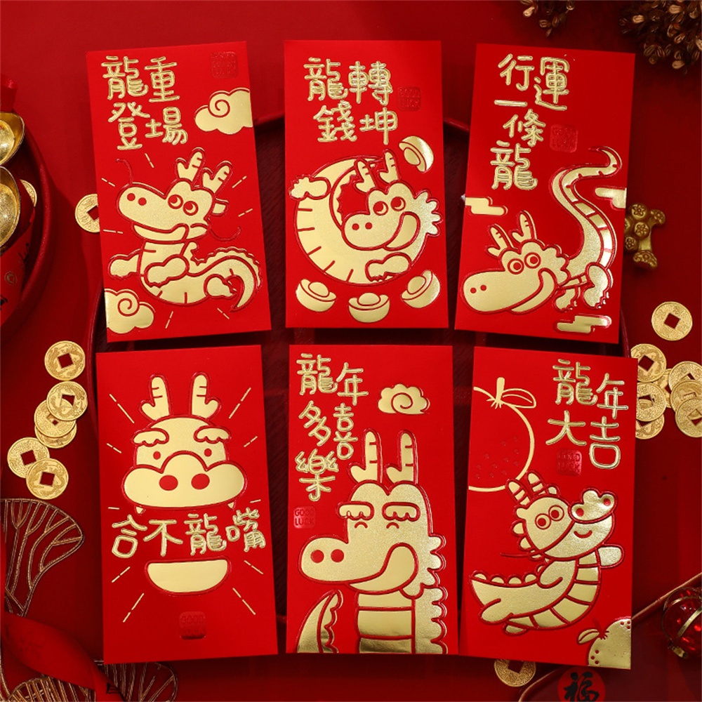 6 Chiếc 2024 Năm Rồng Gel Phong Bì Đỏ Sáng Tạo Hoạt Hình Phong Bì Đỏ Năm Rồng Điềm Lành Dày Chất Lượng Cao Màu đỏ