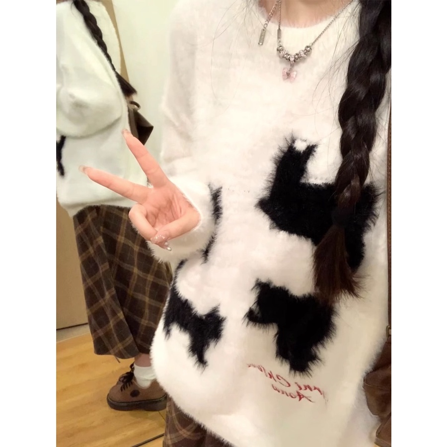 Áo Len Sáp Mềm Dáng Rộng In Hình Mèo Phong Cách Thu Đông Cho Nữ