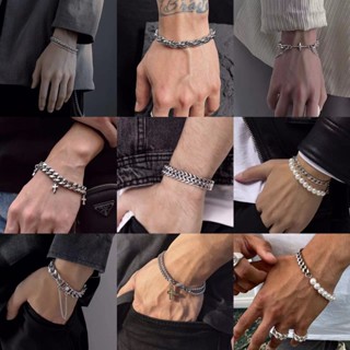  Cổ Điển Ngọc Trai Đính Hạt Hai Lớp Dây Đeo Cổ Tay Cho Nam Chữ Thập Mặt Cười Hình Chữ Nhật Thương Hiệu Mặt Dây Chuyền Vòng Tay Trang Sức 