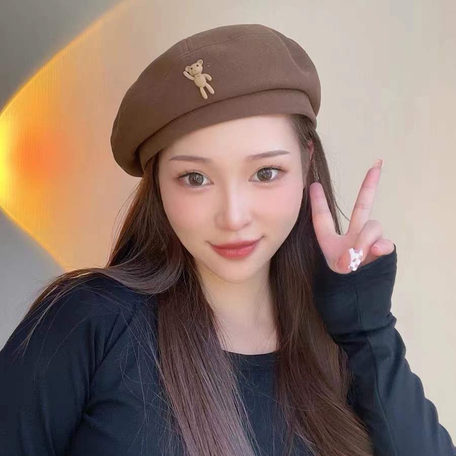 Mũ nồi len màu trơn hình gấu dễ thương thời trang thu đông hàn quốc cá tính cho nữ