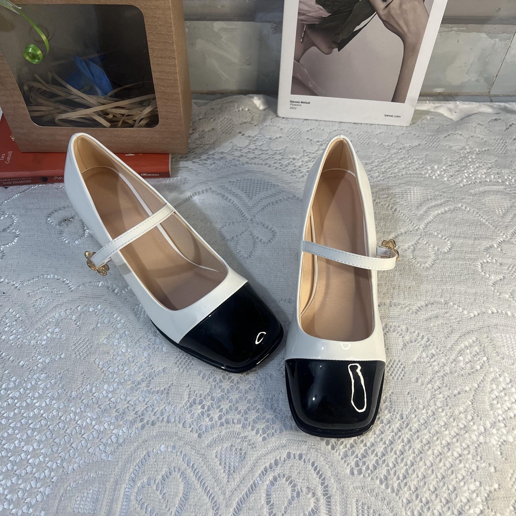 Giày tiểu thư bít mũi vuông bigsize quai cài bông cao 5 cm size 40-44
