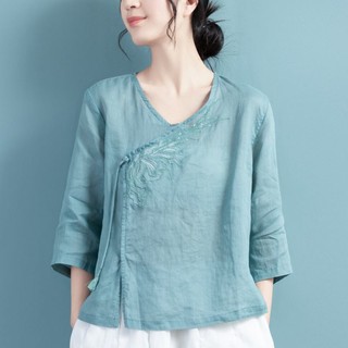 Áo sơ mi vải lanh Cotton thêu nữ phong cách Trung Quốc Retro chéo Cardigan nghệ thuật giản dị dáng rộng mỏng hàng đầu