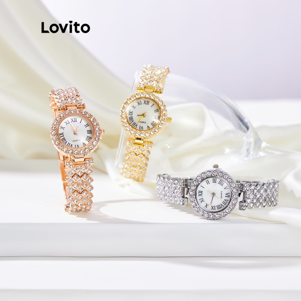 Lovito Đồng hồ kim cương trang trí kim cương giả thanh lịch hình tròn Đồng hồ thạch anh LSP01011 (Vàng / Vàng hồng / mảnh)