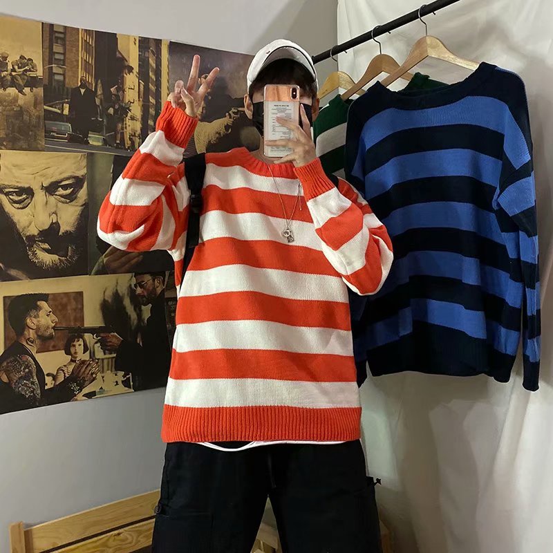 Áo Khoác sweater Dáng Rộng Họa Tiết Kẻ Sọc Phong Cách Hàn Quốc Thời Trang Thu Đông Hàng Mới 2023 Dành Cho Bạn Nam