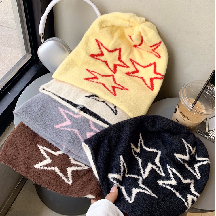 Mũ Len Beanie Họa Tiết Ngôi Sao Phong Cách retro Nhật Bản