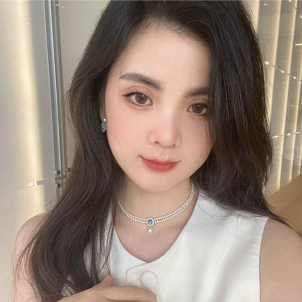 Thơm Vòng Cổ Vòng Tay Dây Xích Đôi Đính Đá Màu Xanh Dương Phong Cách Hàn Quốc Ngọt Ngào Dành Cho Cô Dâu