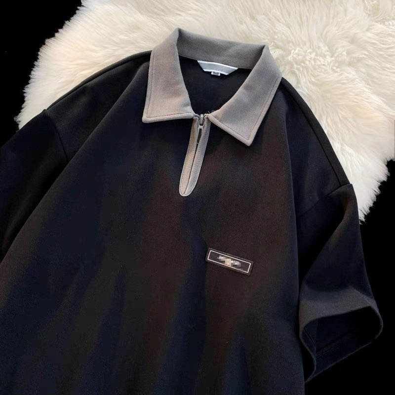 Áo Thun polo Màu Đen Tay Lửng Chất Liệu cotton Co Giãn Thoáng Khí Phối Khóa Kéo Phong Cách Nhật Bản