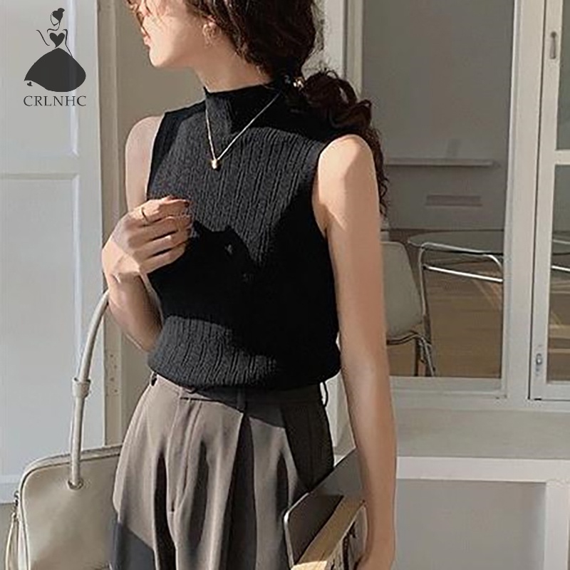 Áo Dệt Kim Sát Nách Cổ Lọ Màu Trơn Thời Trang Mùa Hè Cho Nữ vn