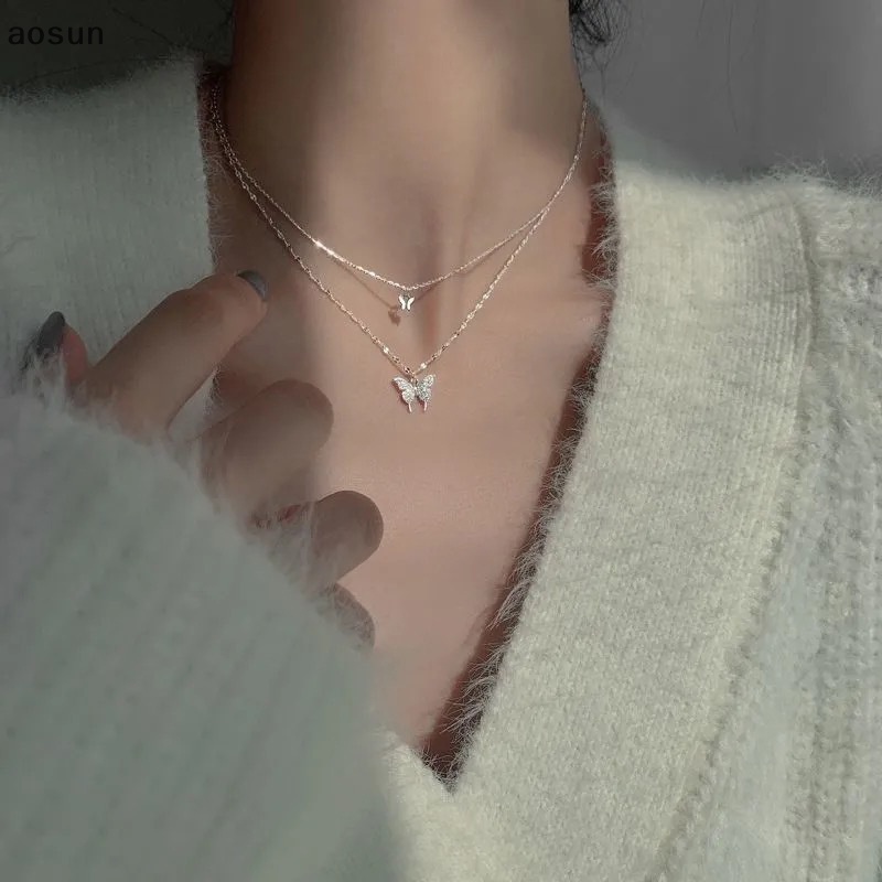 Aosun Vòng cổ Hai Lớp Mặt Hình Bướm Đính Đá zircon Thời Trang Dành Cho Nữ