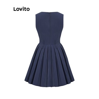 Đầm Lovito màu trơn xếp ly thời trang phong cách preppy cho nữ L56ED140 (Xanh Navy)