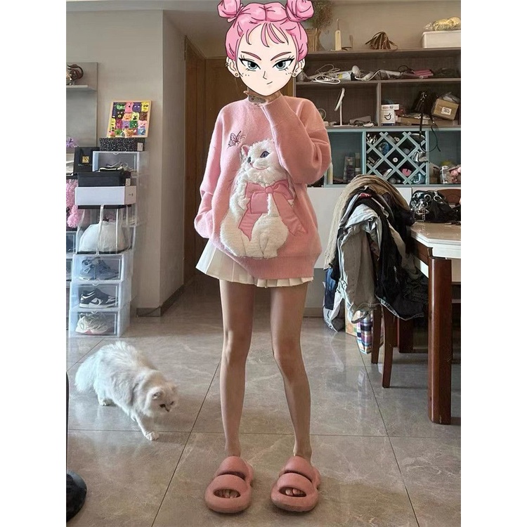 Áo sweater Dày Dặn Ấm Áp Thời Trang Áo Thun Tay Ngắn In Hình Mèo Dễ Thương