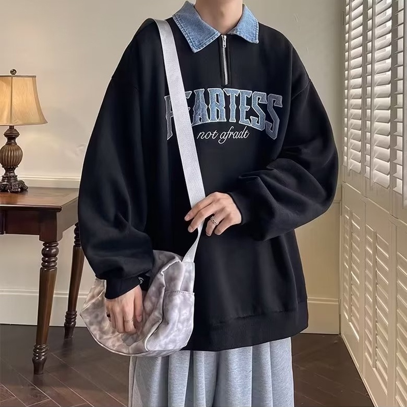 Áo polo Tay Dài Có Khóa Kéo Dáng Rộng Thời Trang Hàn Quốc Cho Nam