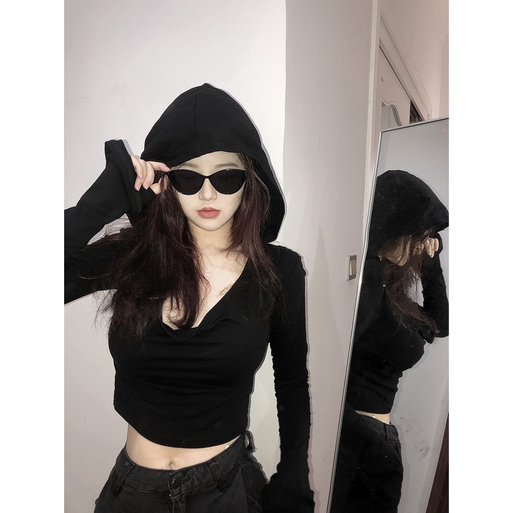 Đen Áo Hoodie Lửng Tay Dài Màu Trơn Dáng Ôm Thời Trang Mùa Thu Phong Cách Hàn Quốc