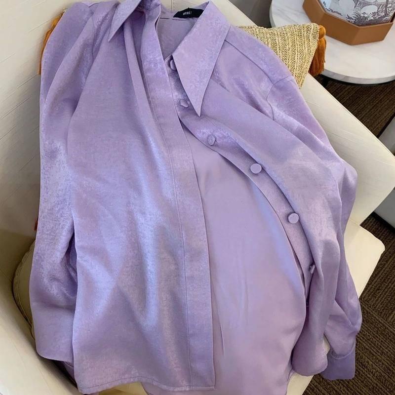 Áo Sơ Mi Tay Dài Vải satin Màu Tím Phong Cách Hàn Quốc Cao Cấp
