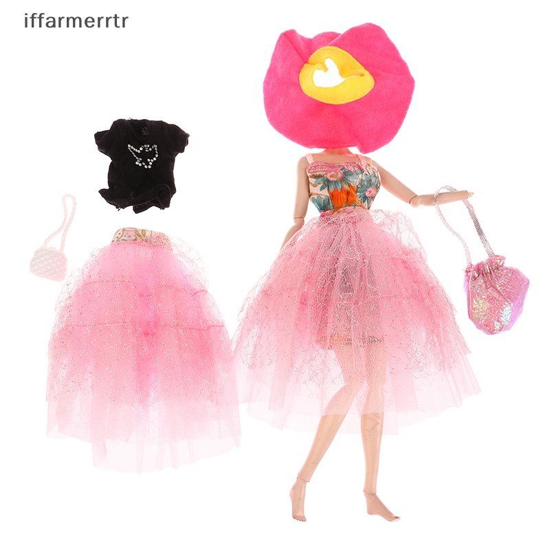 1 Bộ Đầm Công Chúa + Mũ + Túi Xách + Dụng Cụ Thời Trang Màu Hồng Cho Búp Bê hye