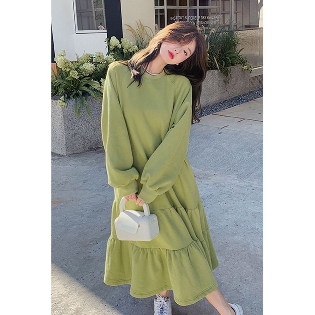 Đầm Tay Dài Viền Bèo Form Rộng Thời Trang Cho Nữ