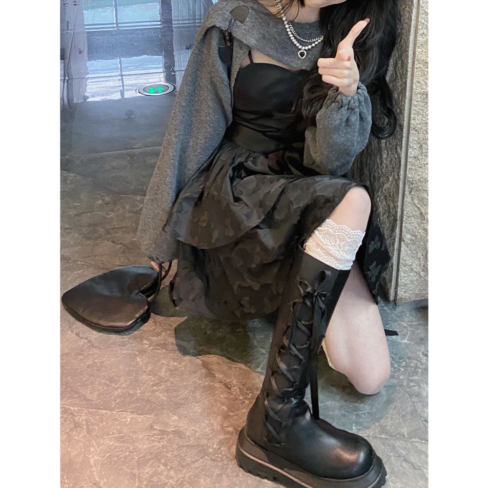 Chân váy y2k Set Đầm Hai Dây Màu Đen Thời Trang Xuân Thu Cho Nữ