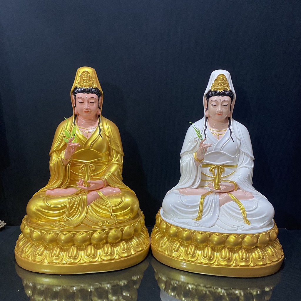 Tôn Tượng Quán Thế Âm Bồ Tát Ngồi 50cm Trắng Vẽ , Vàng Vẽ Liễu Rời tamlinhvanhoaphamphatgiao
