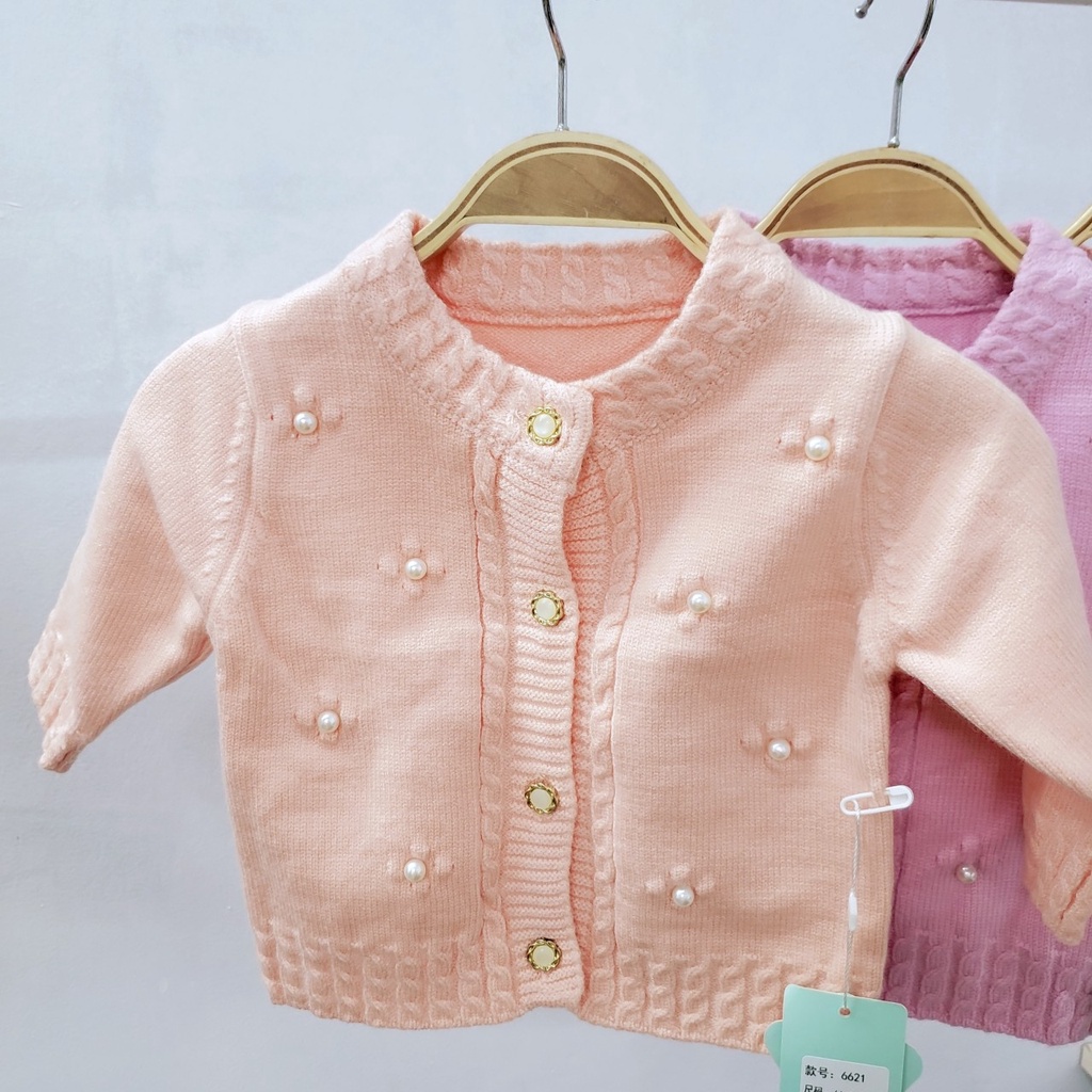 Áo len mùa đông dài tay cúc cài giữa len sơ sinh mềm mịn co giãn quảng châu loại đẹp cho bé gái 0-12 tháng