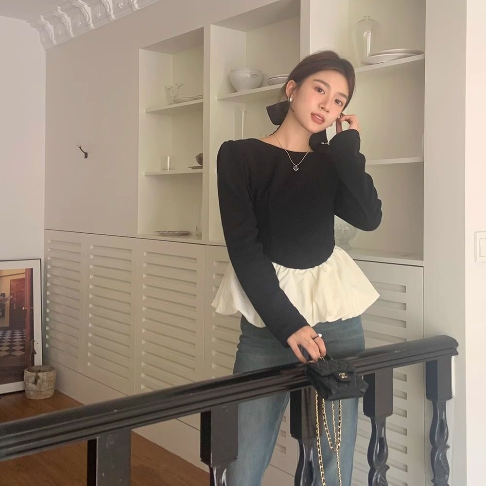 Áo Sơ Mi Dài Tay Cổ Tròn Phối Màu Tương Phản Phong Cách retro Hàn Quốc Thời Trang Mùa Thu Cho Nữ