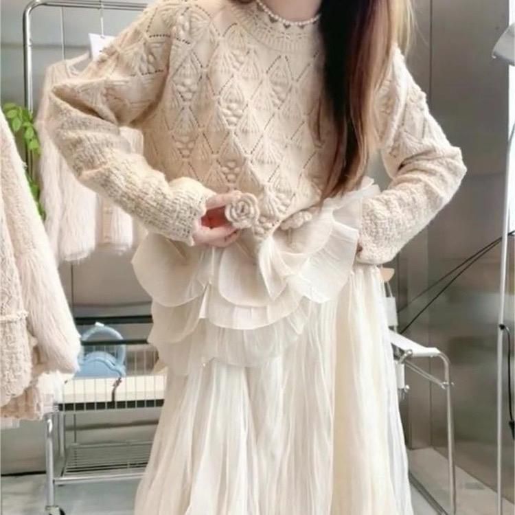 Áo Len Hàn dệt hoa phối 3 tầng tơ bèo dệt kim hoạ tiết Viviene