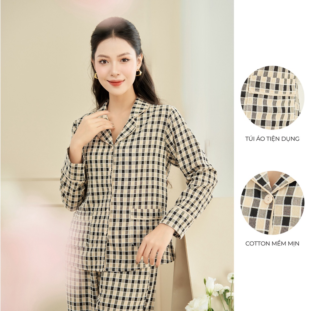 BỘ NGỦ SHE BY ZAM - TDKT1 - BỘ DÀI TAY KẺ THÔ COTTON PHỐI REN