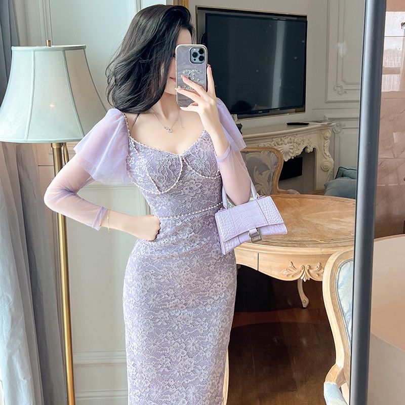 Đầm Dài Ôm Dáng Tay Lá Sen Màu Tím Cổ Điển Hợp Thời Trang Kiểu Pháp Cho Nữ 1
