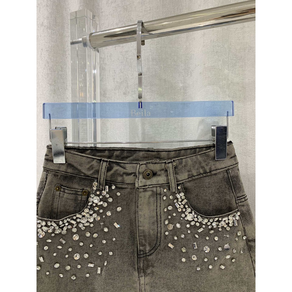MIU MIU early autumn new hot girl style beaded gradient rhinestone decoration washed old low waist denim skirt